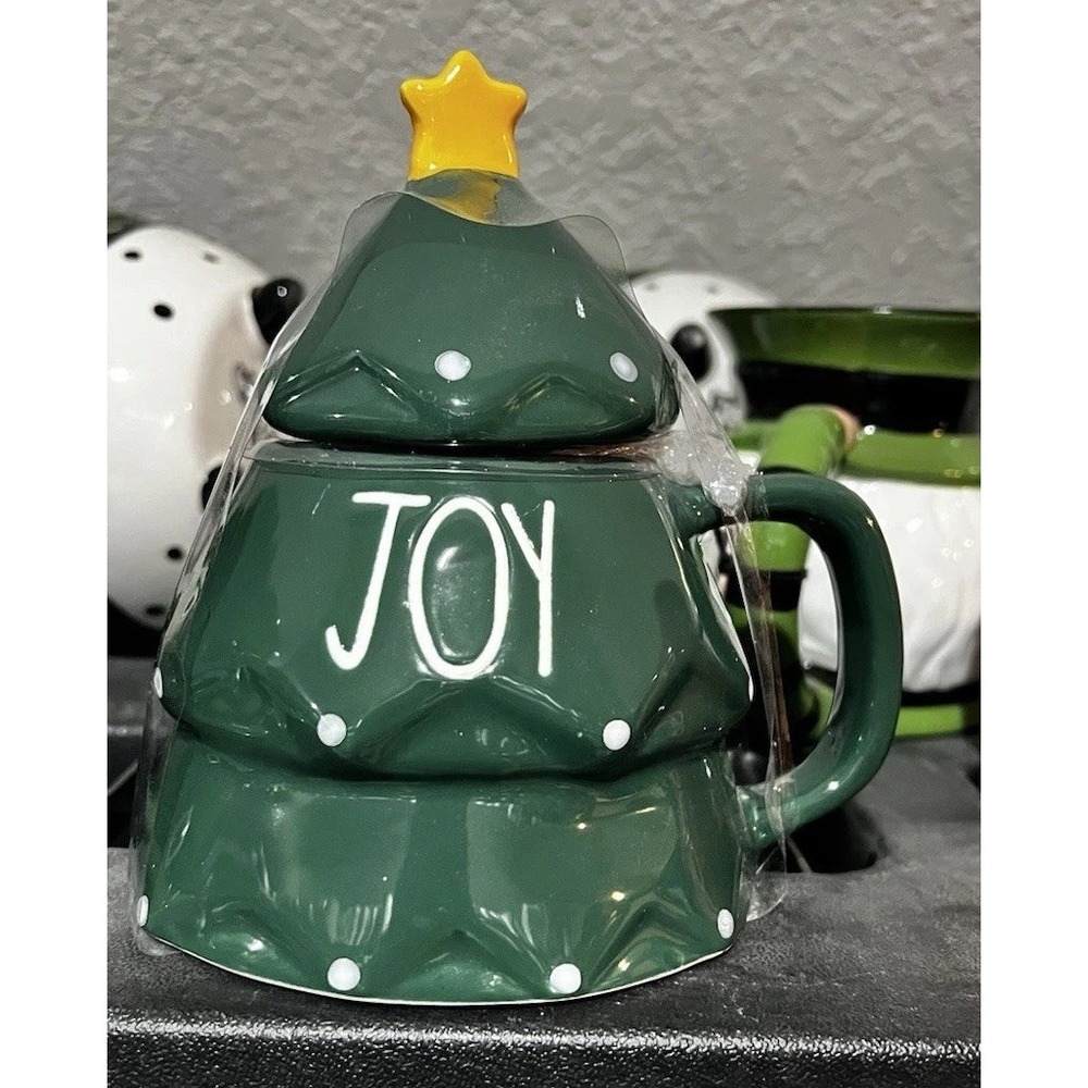 Rae Dunn Joy Christmas Tree Mug With Lid Green JOY